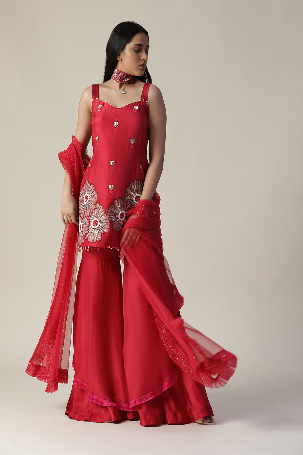 Red Flower Embroidered Sharara Set - Auraya Fashion - - #tag1# - #tag2# - #tag3# - #tag3#