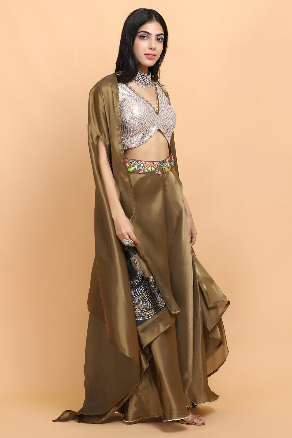 Olive Green Handpainted Cape Set - Auraya Fashion - - #tag1# - #tag2# - #tag3# - #tag3#