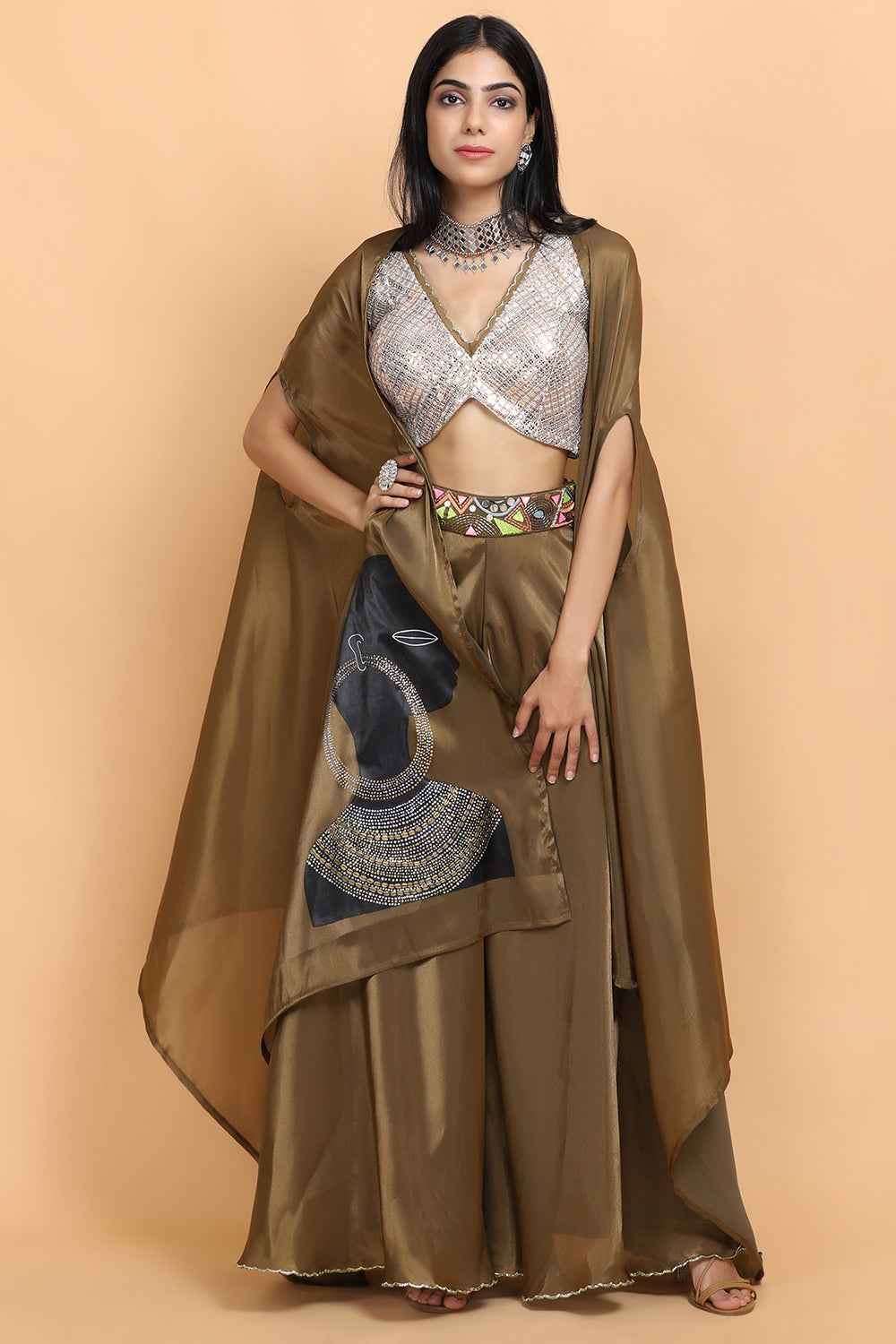 Olive Green Handpainted Cape Set - Auraya Fashion - - #tag1# - #tag2# - #tag3# - #tag3#