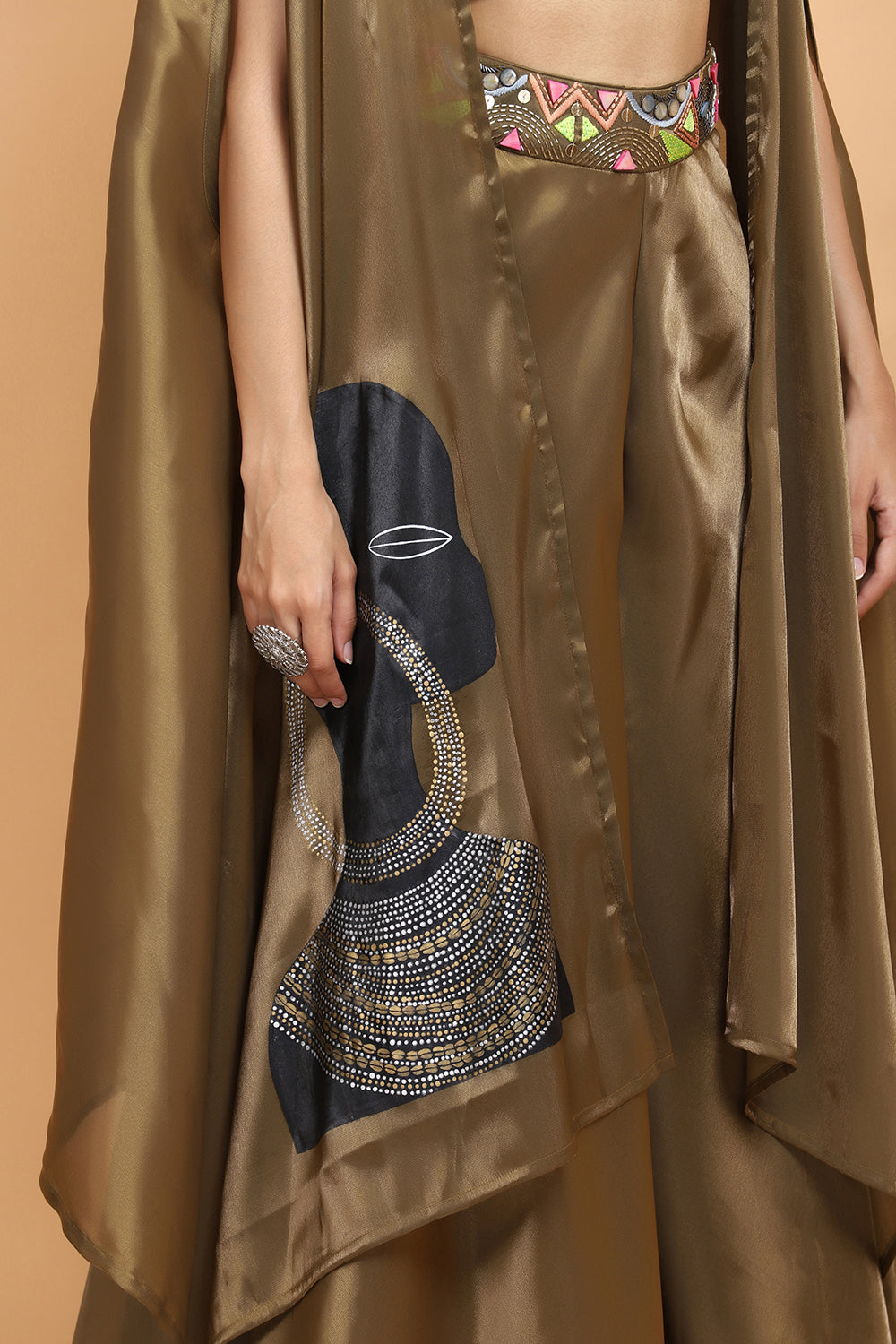 Olive Green Handpainted Cape Set - Auraya Fashion - - #tag1# - #tag2# - #tag3# - #tag3#