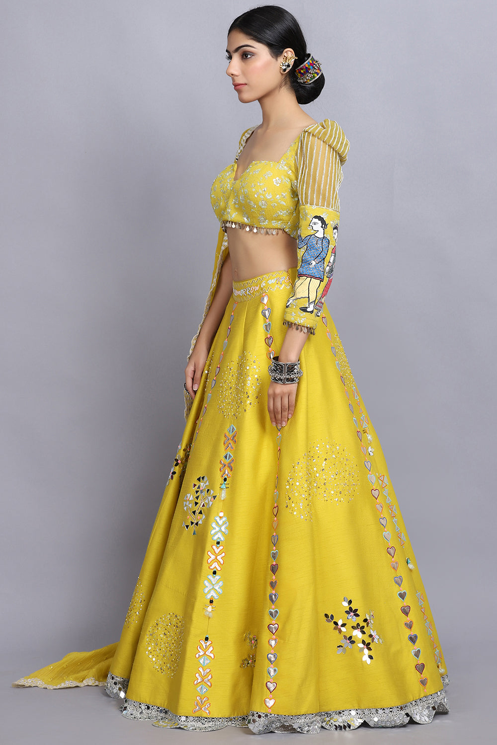 Electric Yellow Handpainted Lehnga Set - Auraya Fashion - - #tag1# - #tag2# - #tag3# - #tag3#