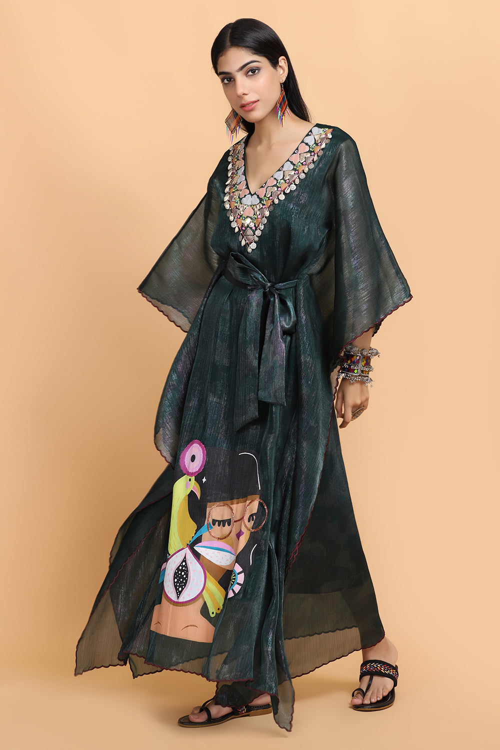 Bottle Green Handpainted Kaftan Set - Auraya Fashion - - #tag1# - #tag2# - #tag3# - #tag3#