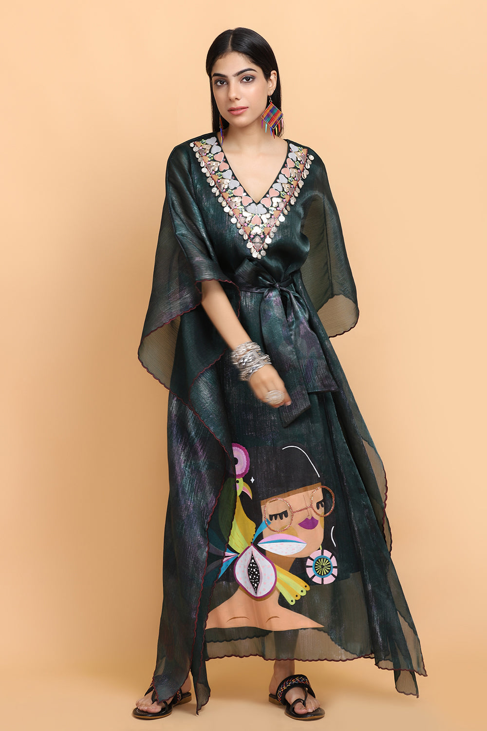 Bottle Green Handpainted Kaftan Set - Auraya Fashion - - #tag1# - #tag2# - #tag3# - #tag3#