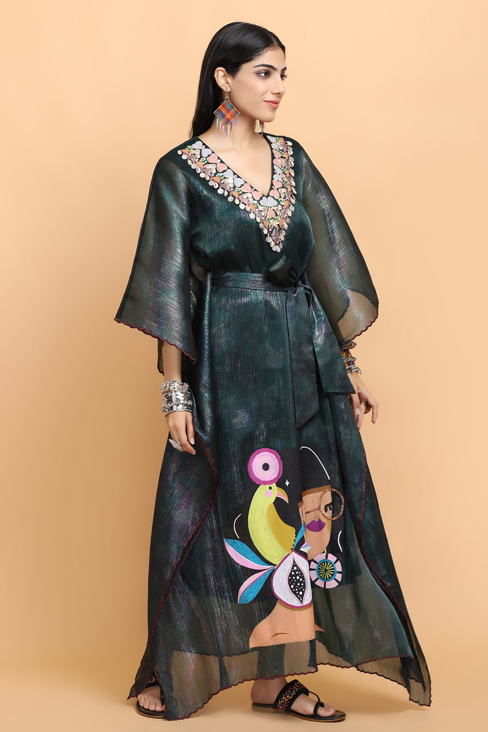 Bottle Green Handpainted Kaftan Set - Auraya Fashion - - #tag1# - #tag2# - #tag3# - #tag3#