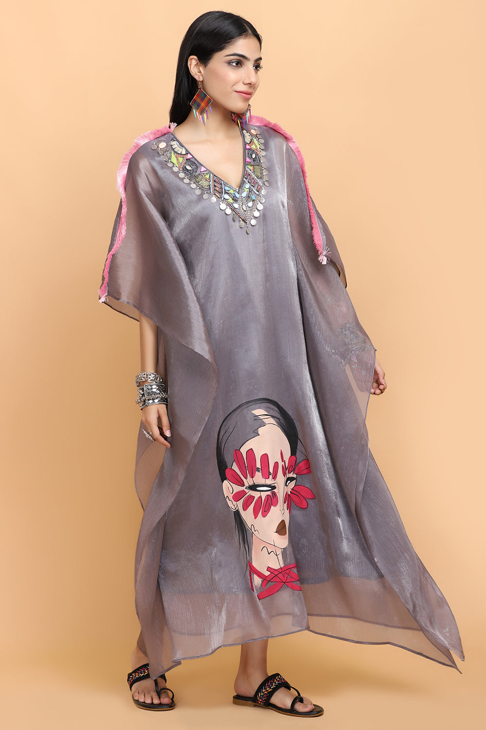 Steel Grey Handpainted Kaftan Set - Auraya Fashion - - #tag1# - #tag2# - #tag3# - #tag3#