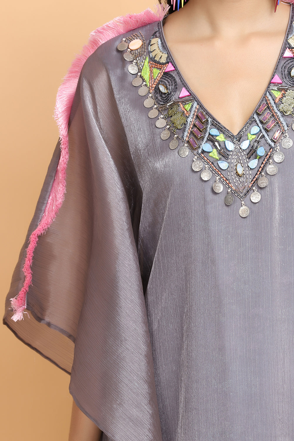 Steel Grey Handpainted Kaftan Set - Auraya Fashion - - #tag1# - #tag2# - #tag3# - #tag3#