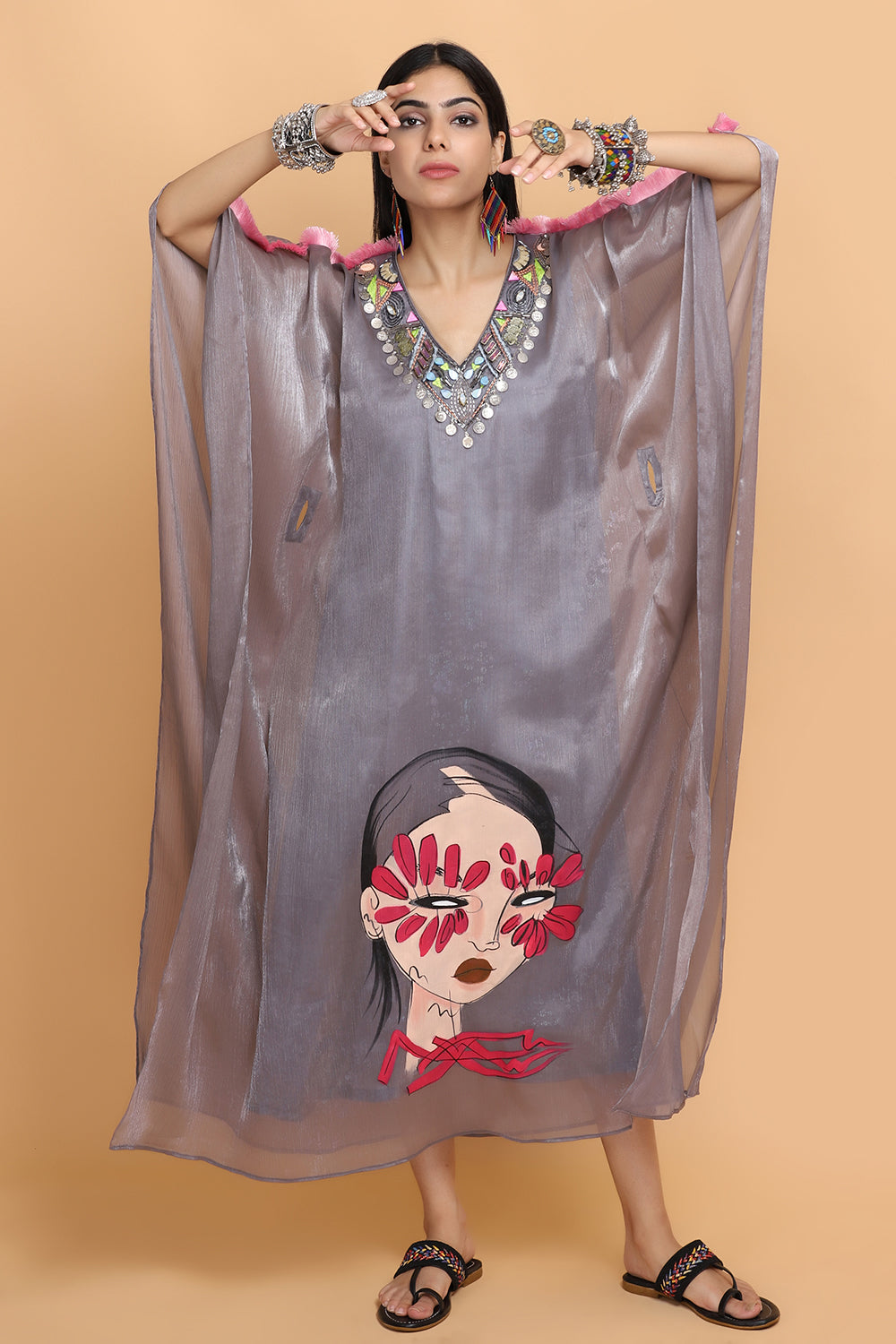 Steel Grey Handpainted Kaftan Set - Auraya Fashion - - #tag1# - #tag2# - #tag3# - #tag3#