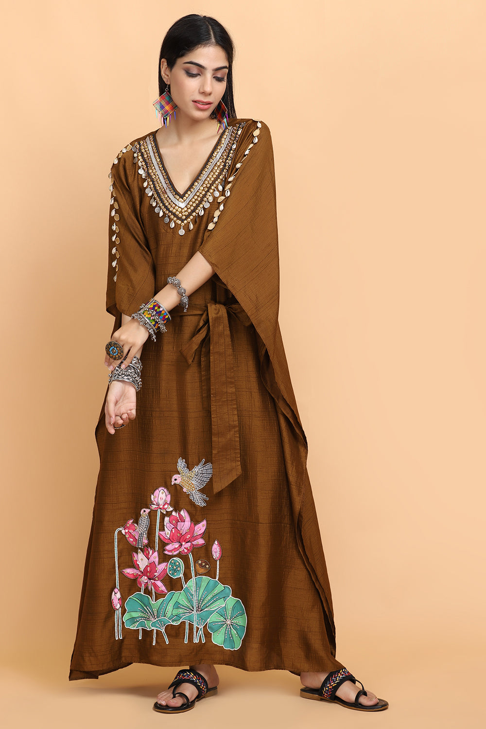 Brown Handpainted Kaftan Set - Auraya Fashion - - #tag1# - #tag2# - #tag3# - #tag3#