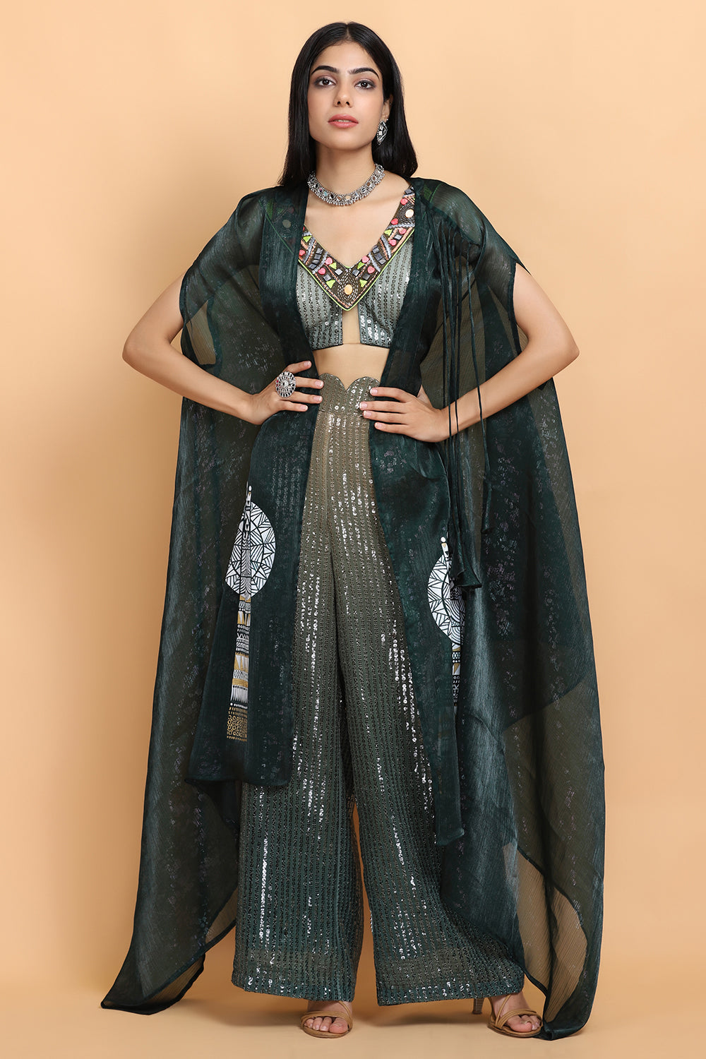 Emerald Green Cheap Thrills Cape Set - Auraya Fashion - - #tag1# - #tag2# - #tag3# - #tag3#