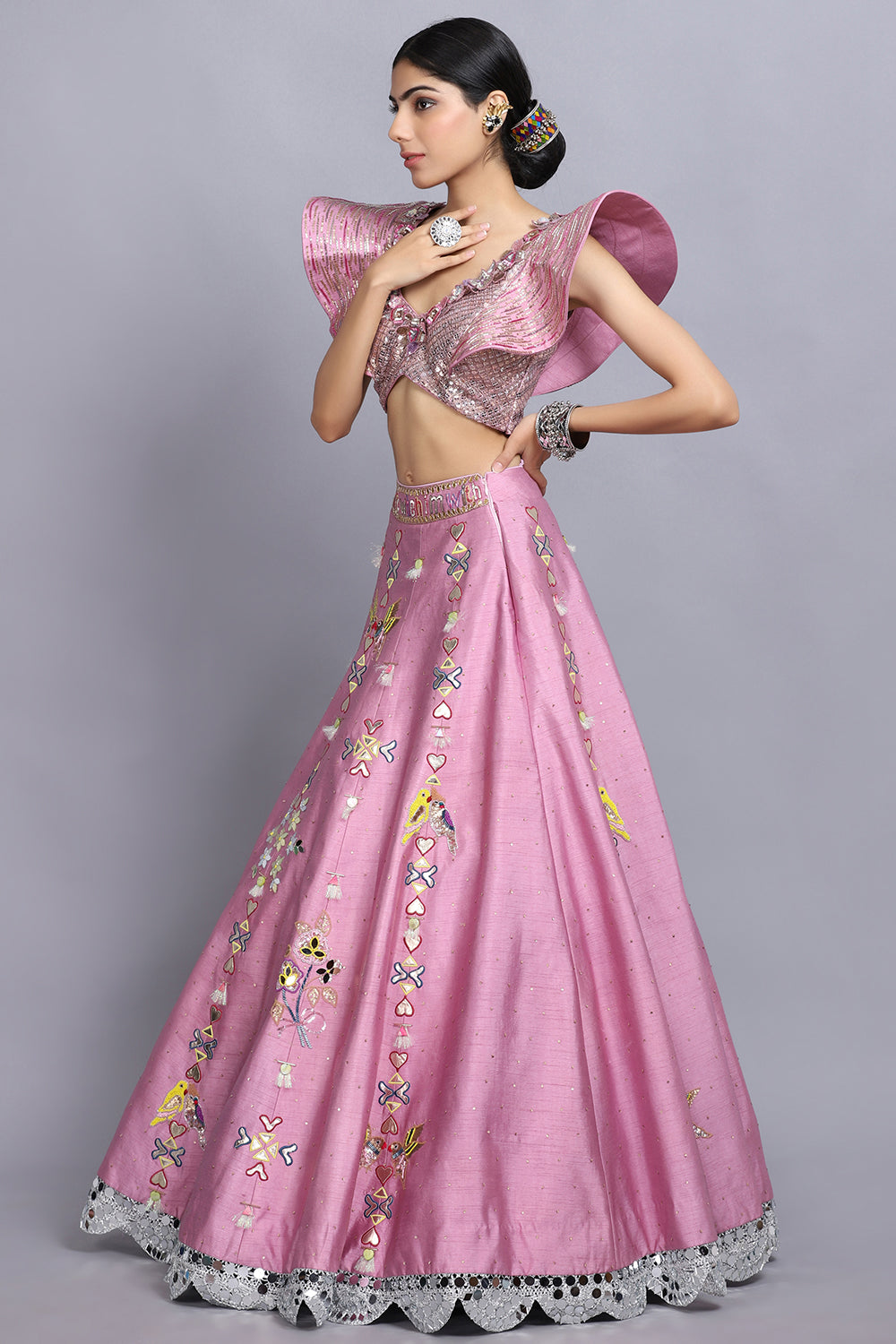 Cameo Pink Handpainted Lehnga Set - Auraya Fashion - - #tag1# - #tag2# - #tag3# - #tag3#