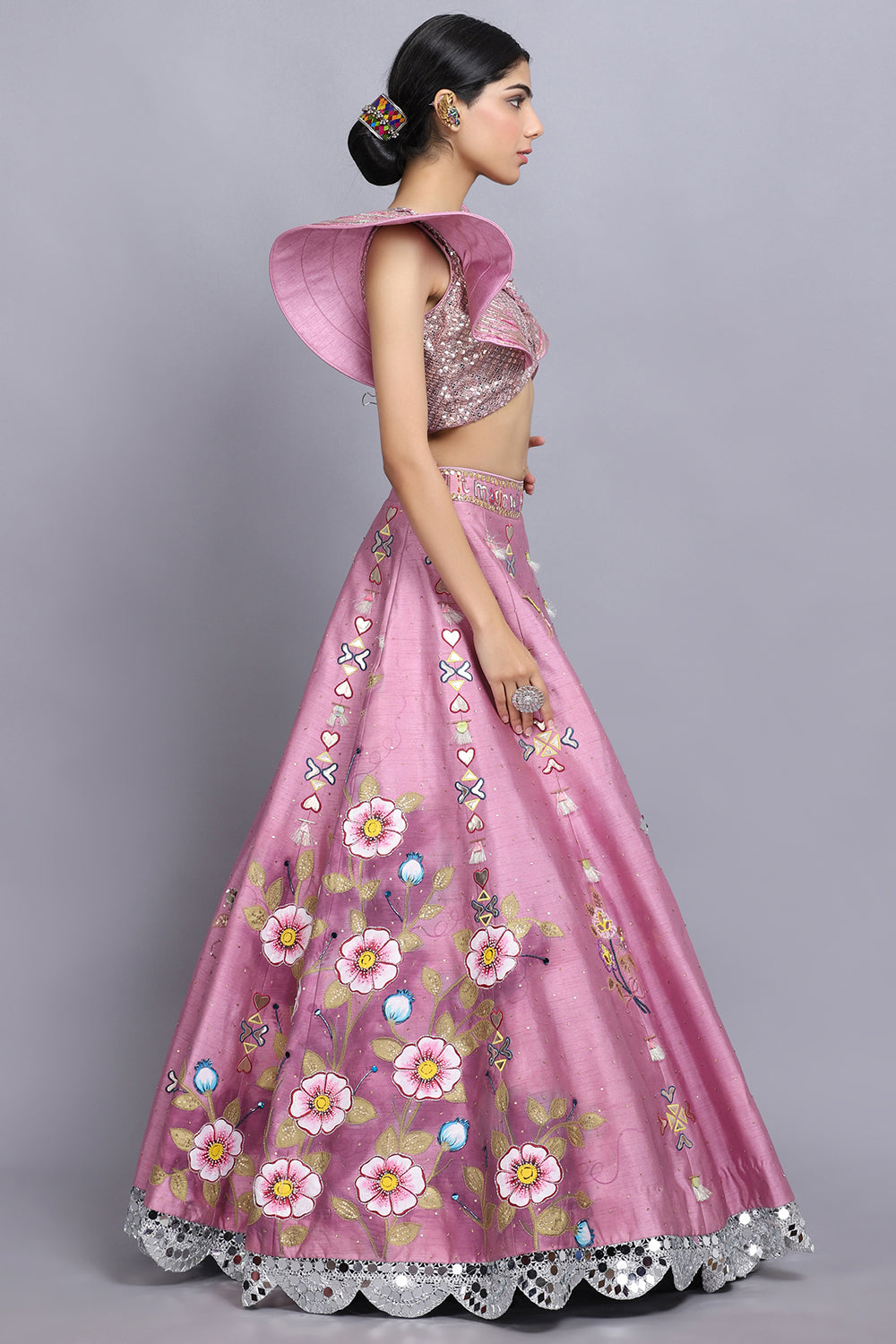 Cameo Pink Handpainted Lehnga Set - Auraya Fashion - - #tag1# - #tag2# - #tag3# - #tag3#