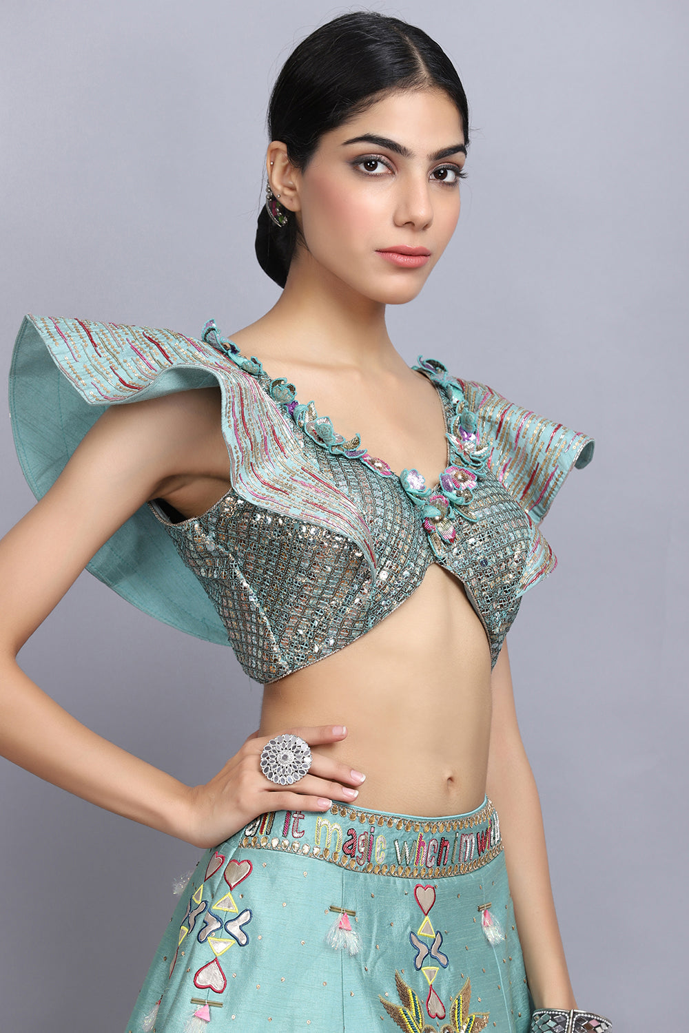 Sapphire Blue Handpainted Lehnga Set - Auraya Fashion - - #tag1# - #tag2# - #tag3# - #tag3#