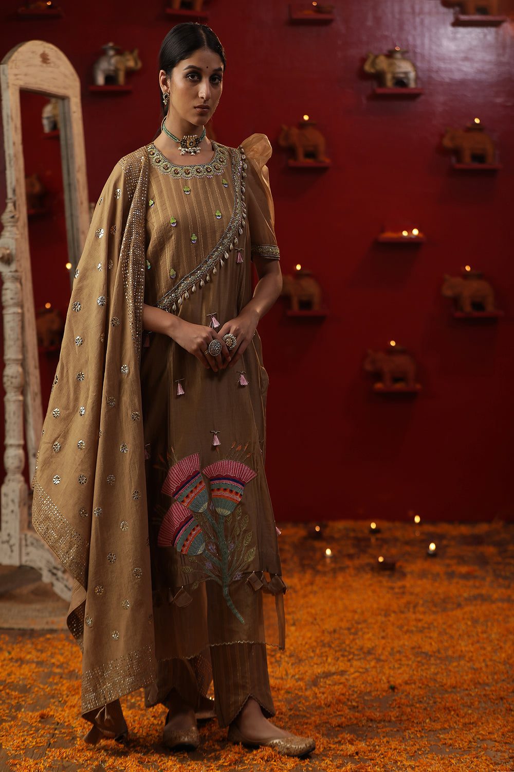Gold Bell Handapinted Suit set - Auraya Fashion - Arpita Sulakshana - #tag1# - #tag2# - #tag3# - #tag3#