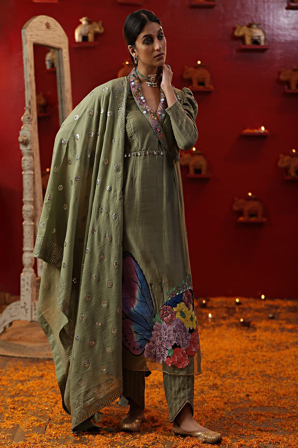 Pista Green Handpainted Suit set - Auraya Fashion - Arpita Sulakshana - #tag1# - #tag2# - #tag3# - #tag3#