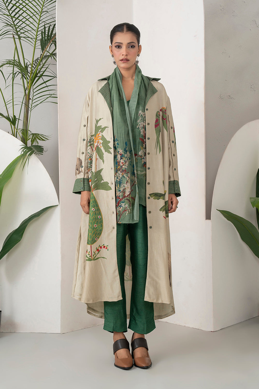 Beige Silk Chanderi Nature-Inspired Printed Dress Set