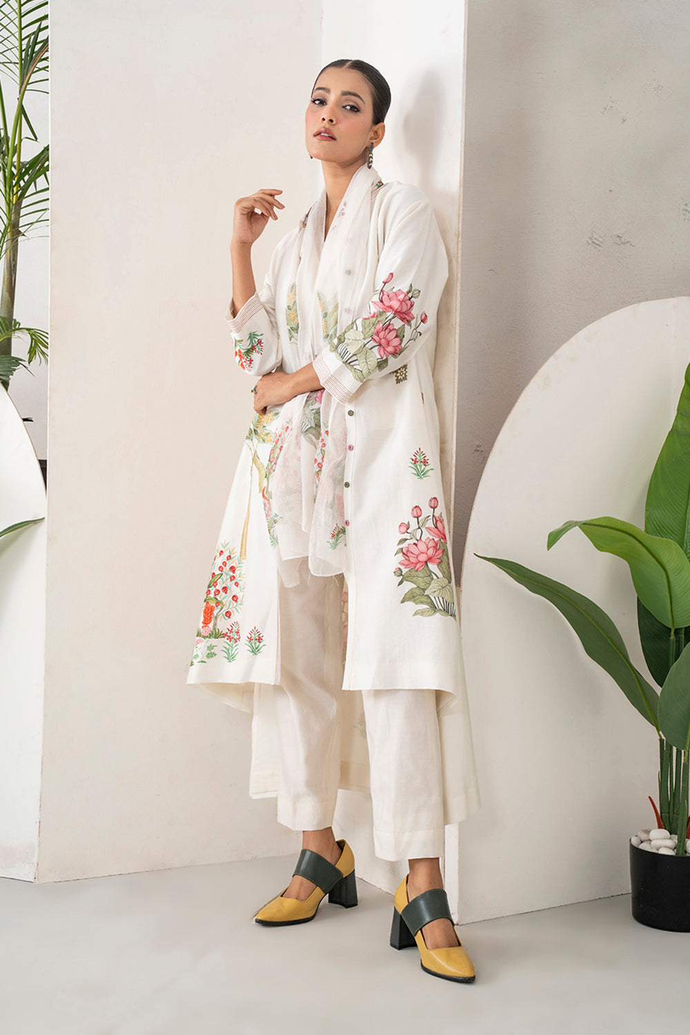 Ivory Silk Chanderi Miniature Art Printed High-Low Dress Set