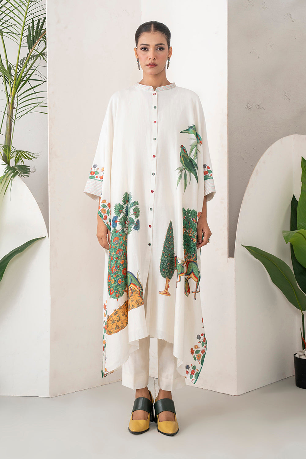 Ivory Silk Chanderi Folk Tale Printed Kaftan Set