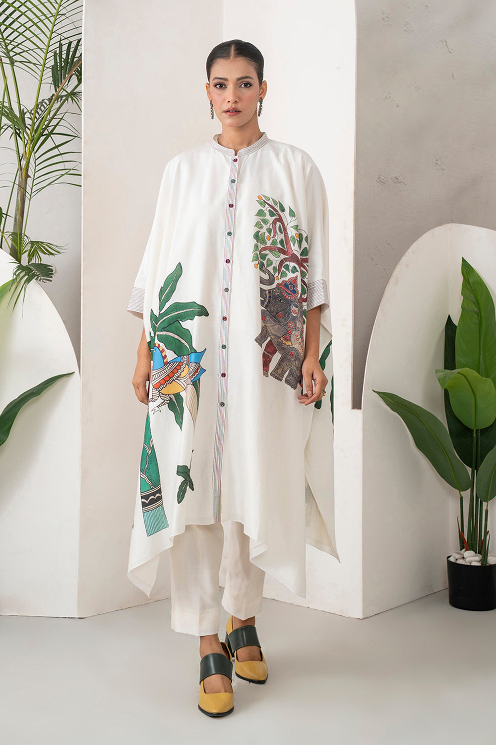 Ivory Silk Chanderi Elephant And Tropical Foliage Printed Kaftan Set