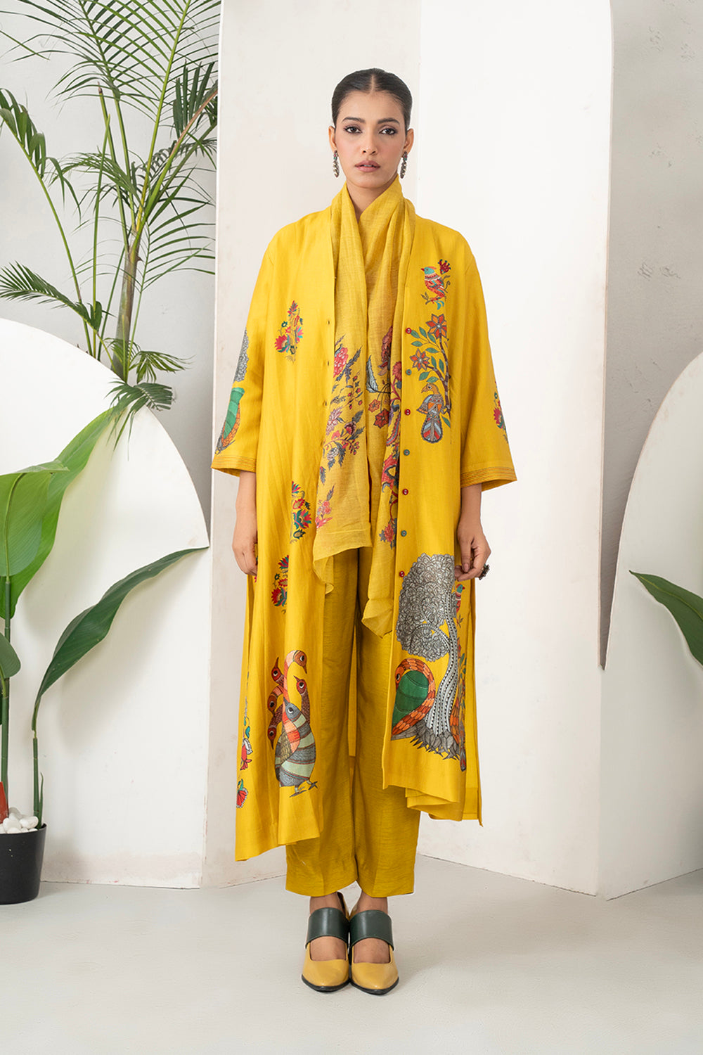 Yellow Silk Chanderi Front Open Striking Bird And Floral Printed Dress Set