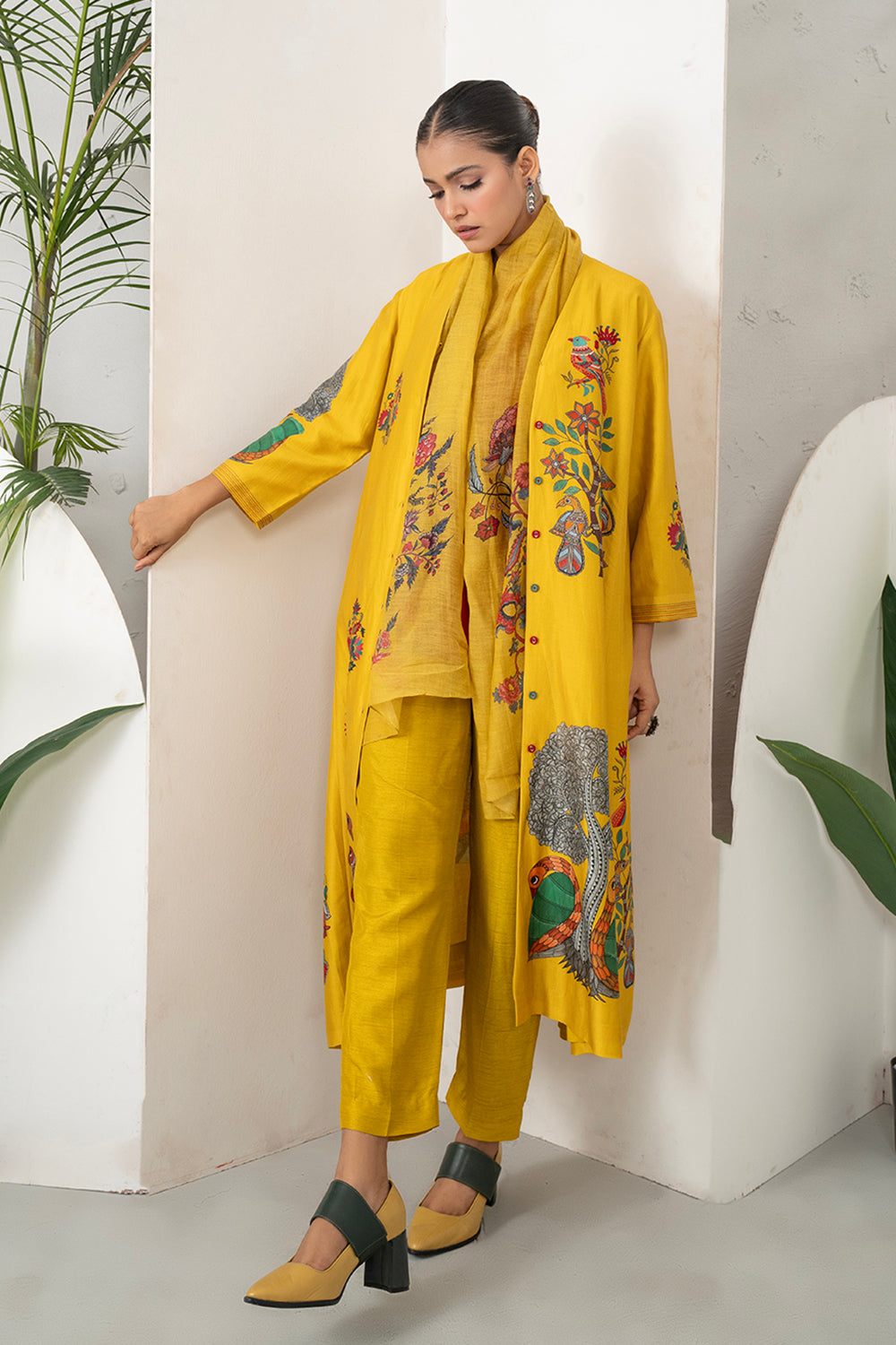 Yellow Silk Chanderi Front Open Striking Bird And Floral Printed Dress Set