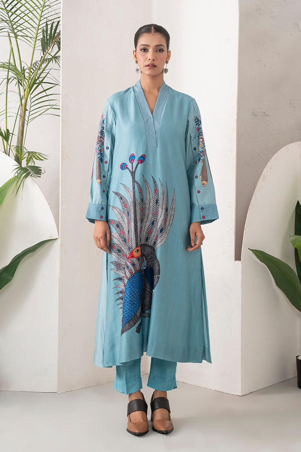Sky Blue Silk Chanderi Striking Peacock Illustration Printed Tunic Set