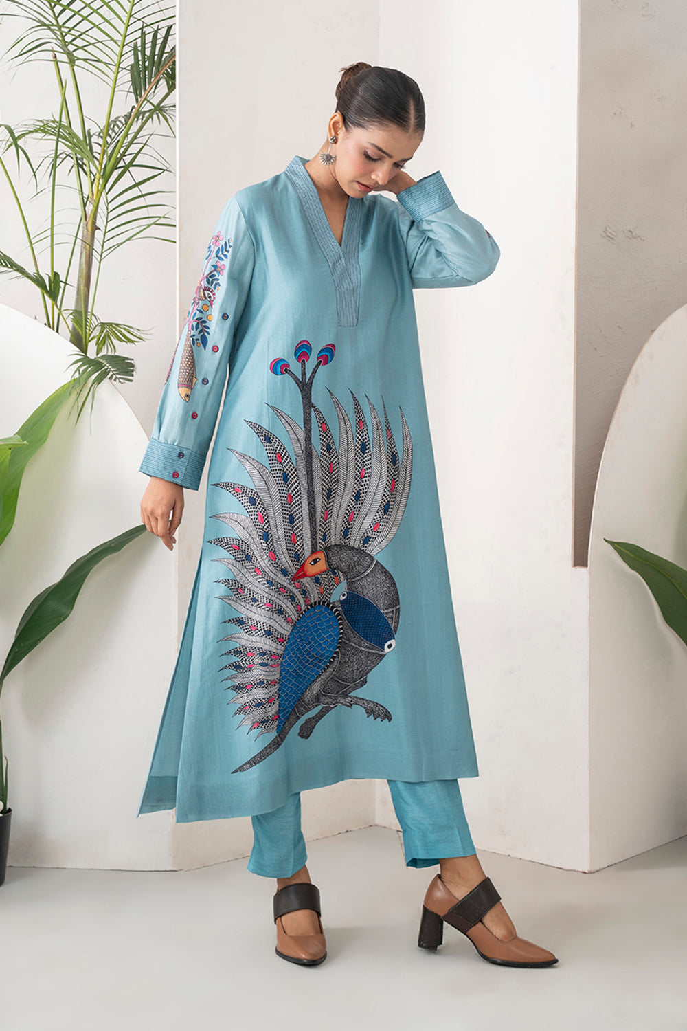 Sky Blue Silk Chanderi Striking Peacock Illustration Printed Tunic Set