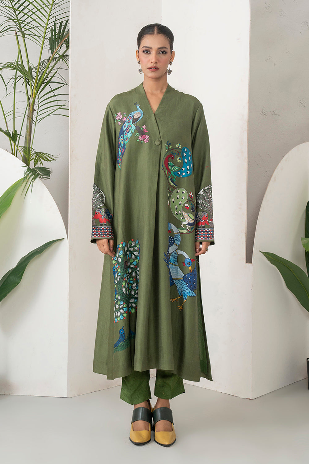 Leaf Green Silk Chanderi Front-Pleated Striking Peacock And Bird Printed Dress Set