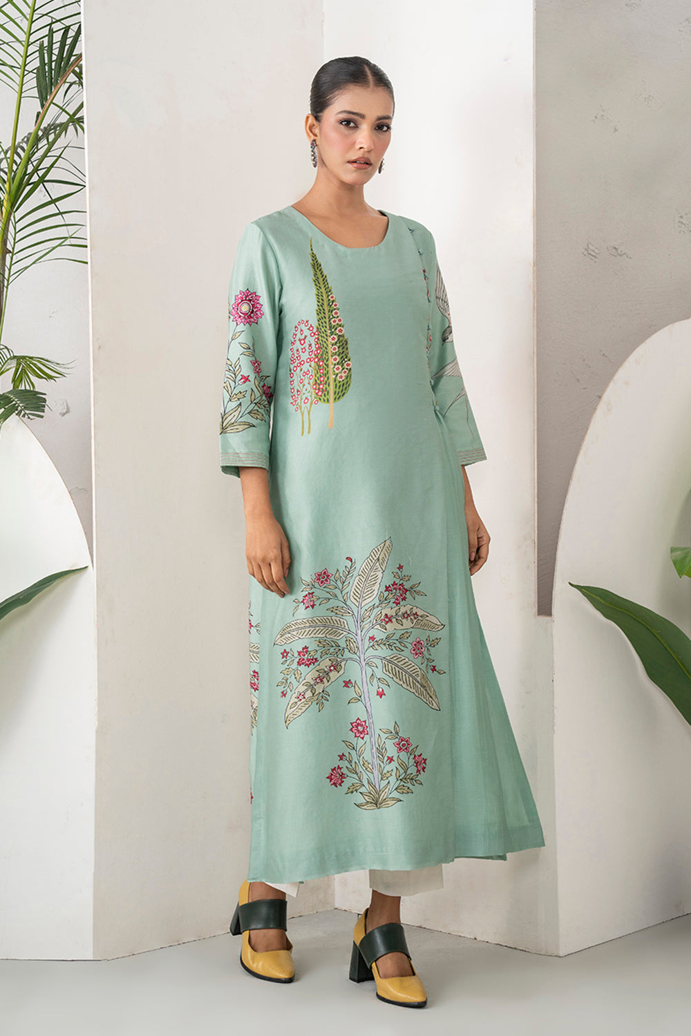 Mint Silk Chanderi Miniature Painting Inspired Printed Dress Set