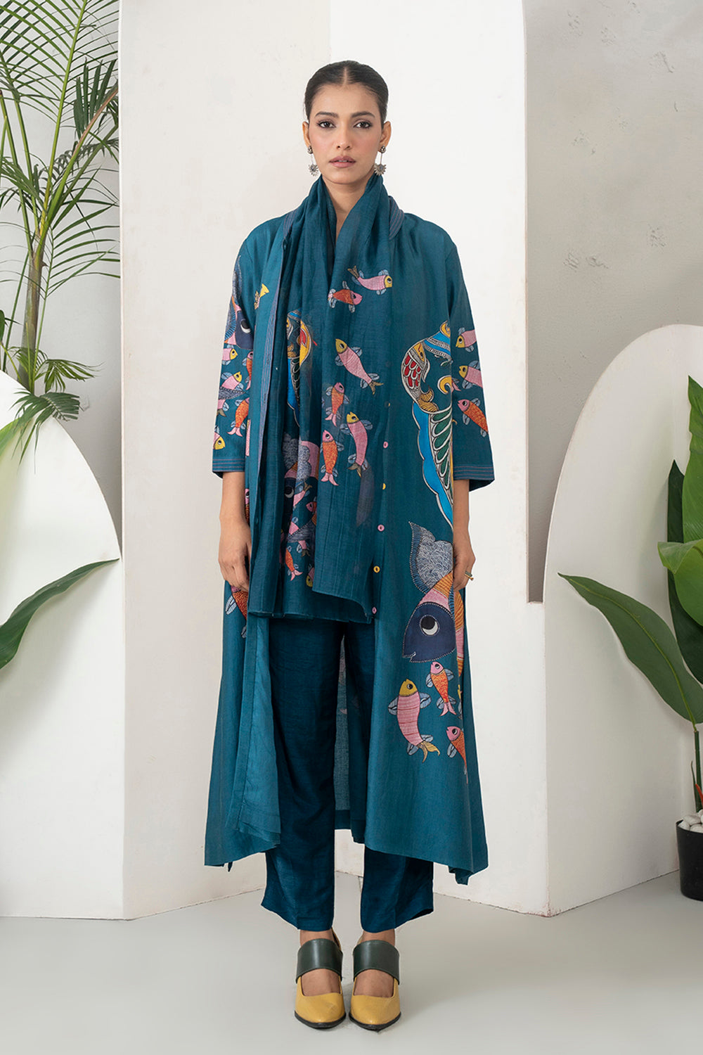 Indigo Silk Chanderi Playful Aquatic Motif Printed Dress Set