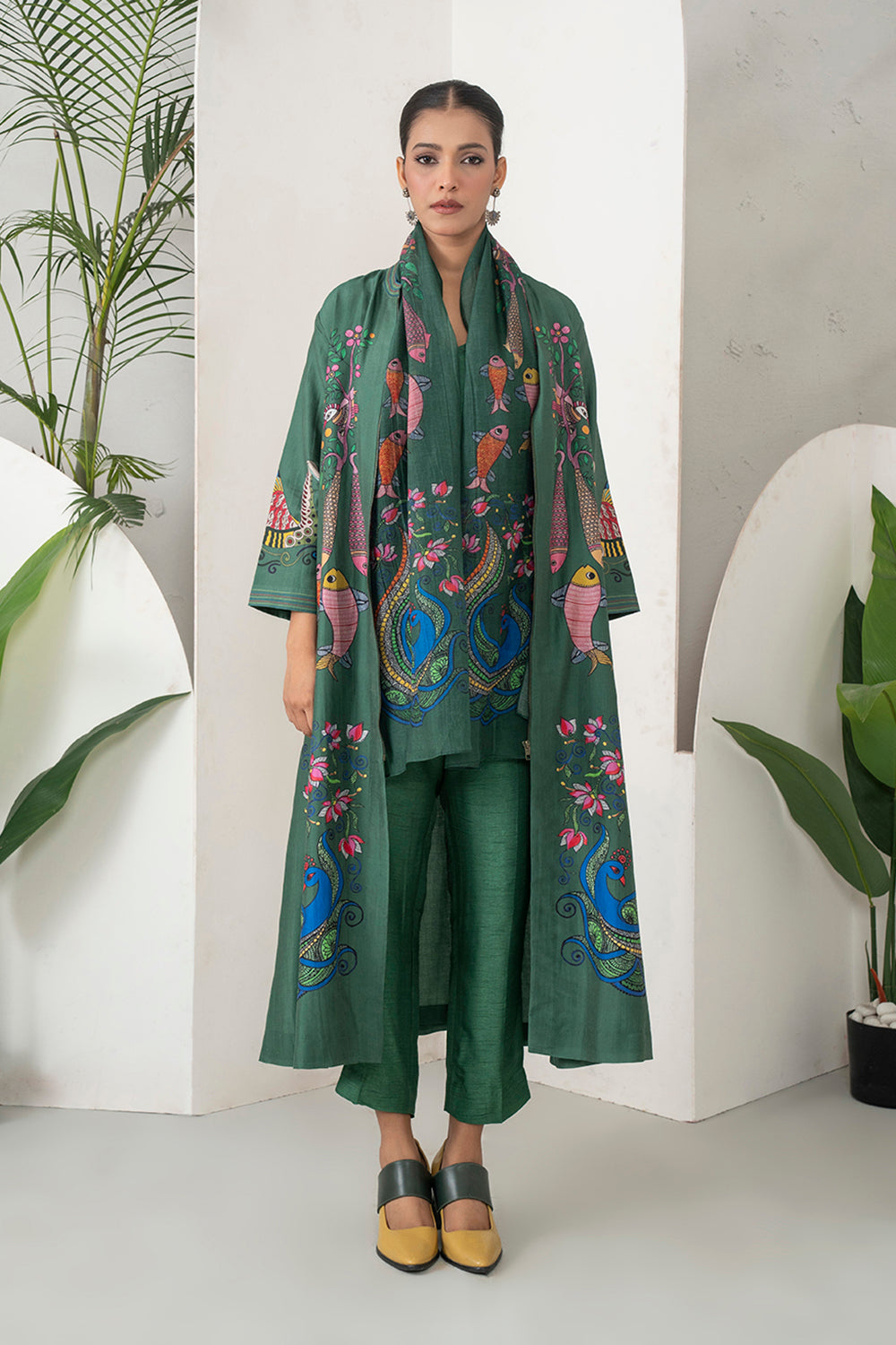 Emerald Silk Chanderi Peacocks And Fish Motifs Printed Dress Set