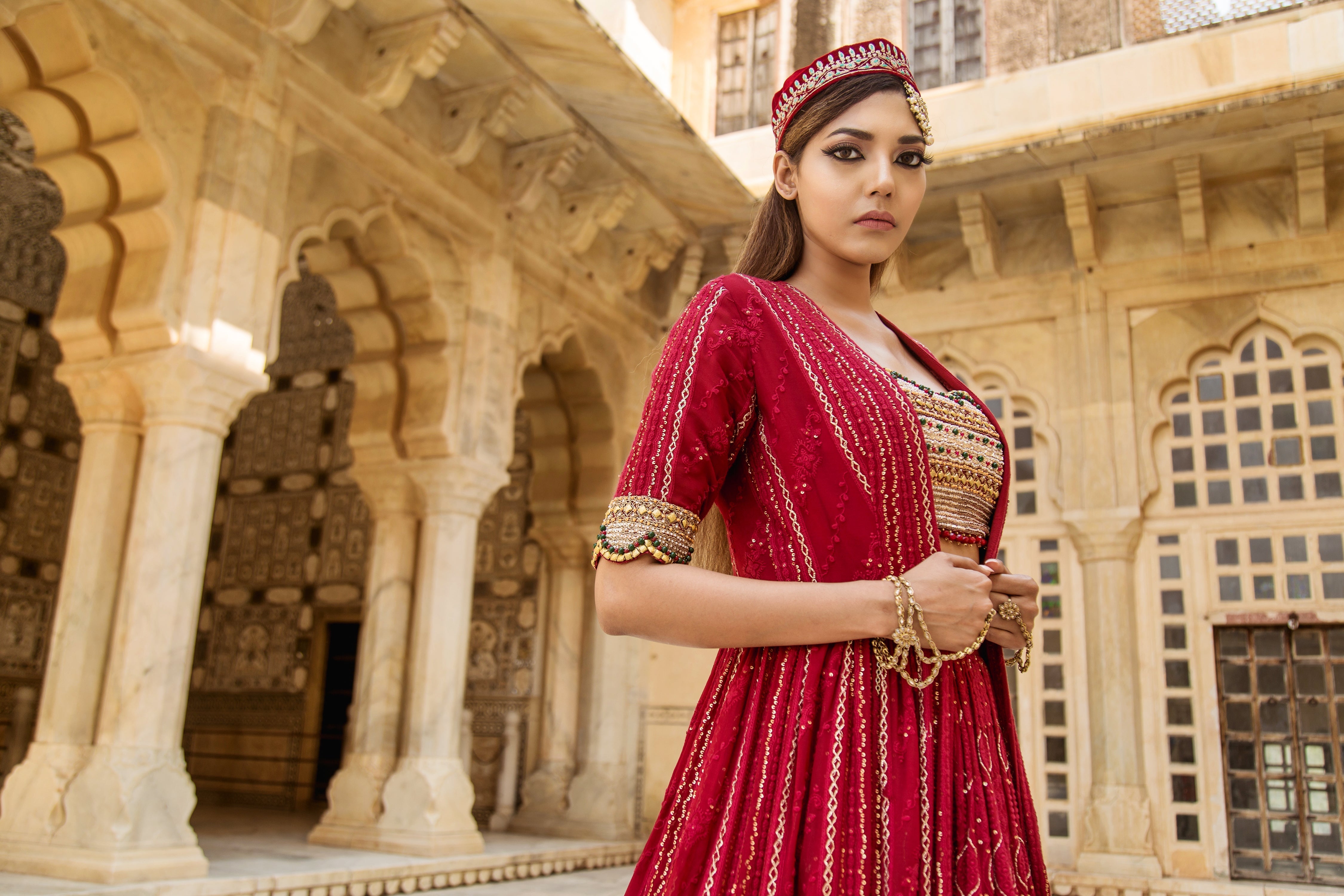Soniya G - Red Embroidered Lucknowi Chikankari Lehenga & Cape Set