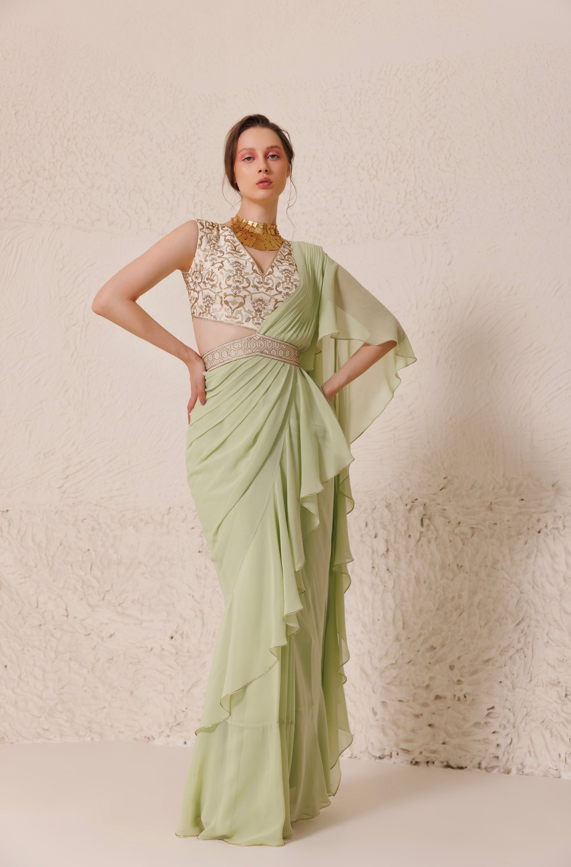 CY Chhaya Mehrotra Creme De Mint Saree Front 1