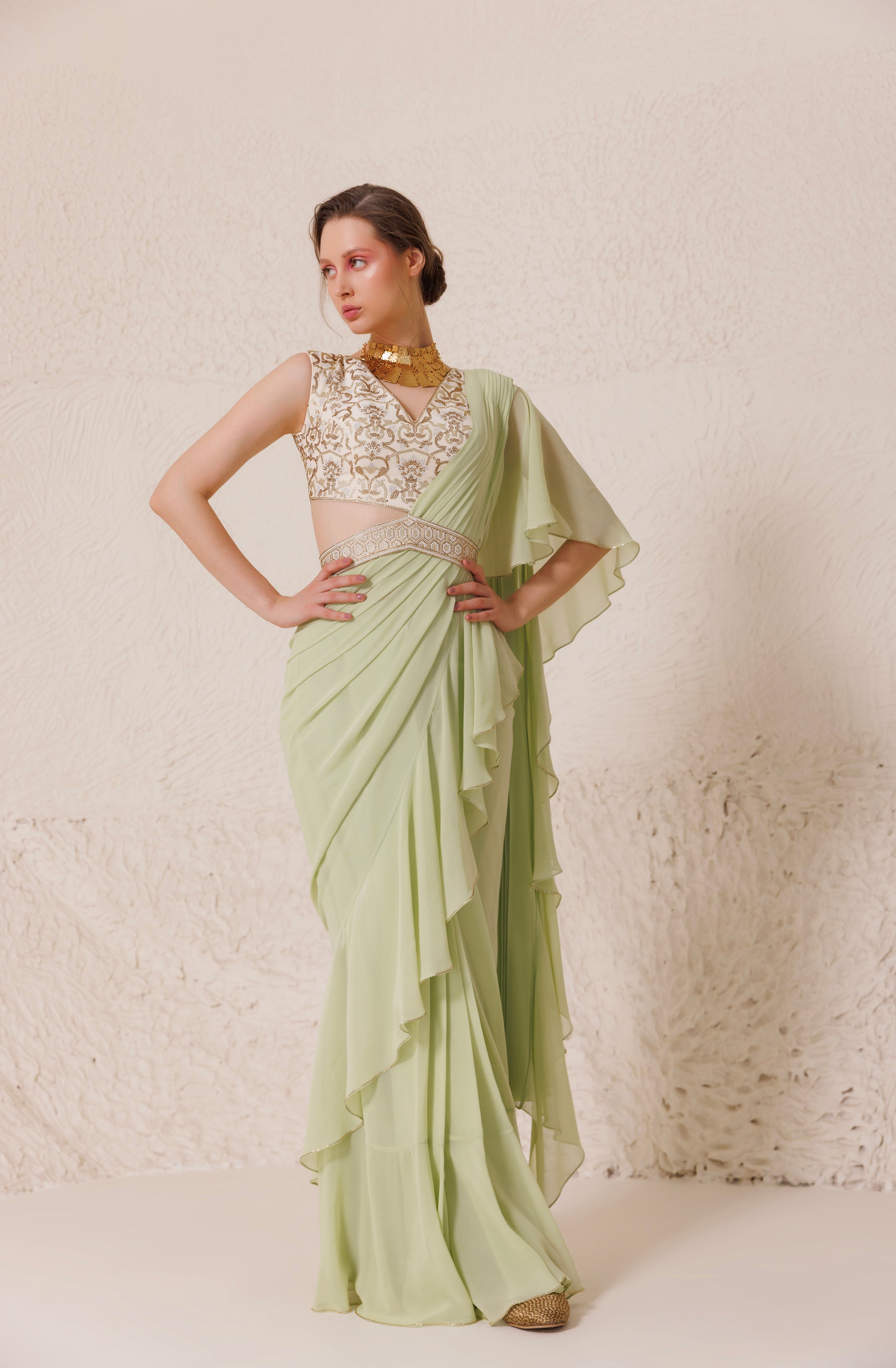 CY Chhaya Mehrotra Creme De Mint Saree Front 2