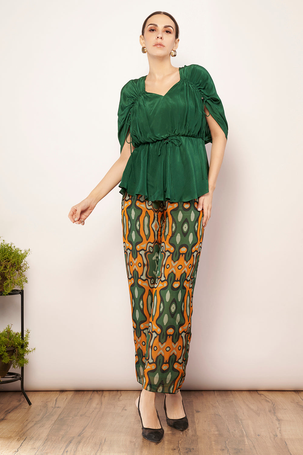 Green Crepe Ruched Top