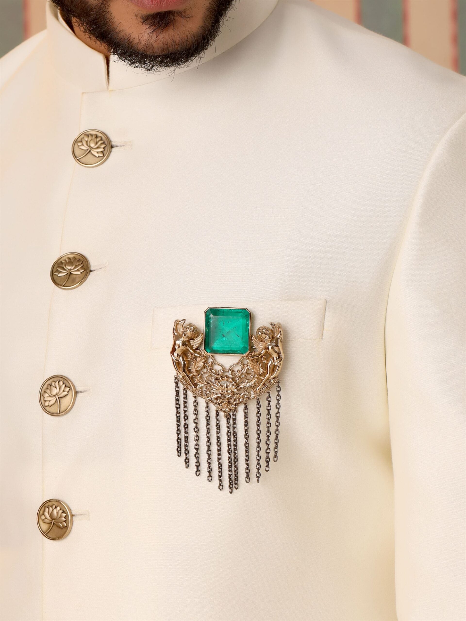 CY Cosa Nostraa Jadui Naginey Green Gemstone Brooch Closeup 1