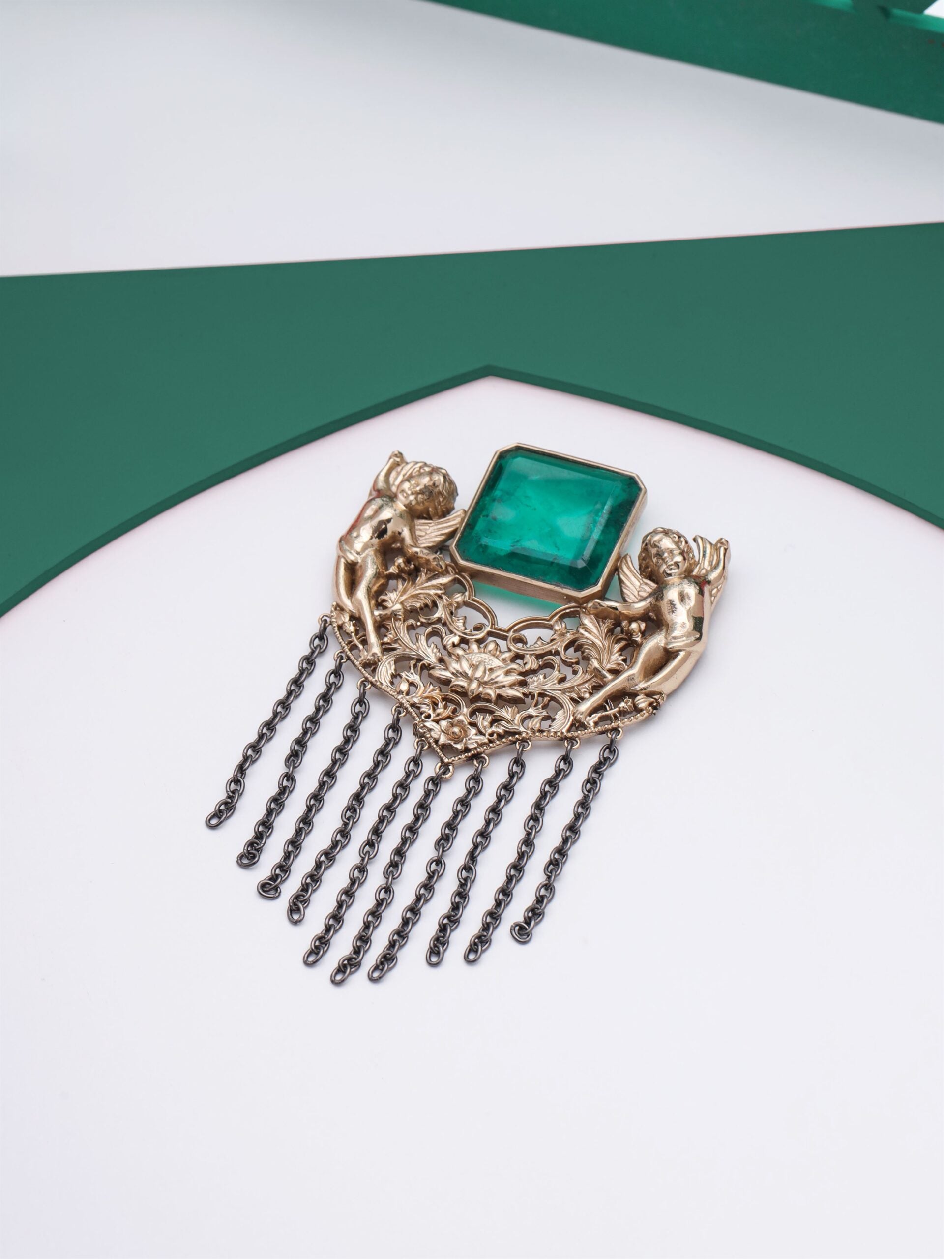 CY Cosa Nostraa Jadui Naginey Green Gemstone Brooch Front 1