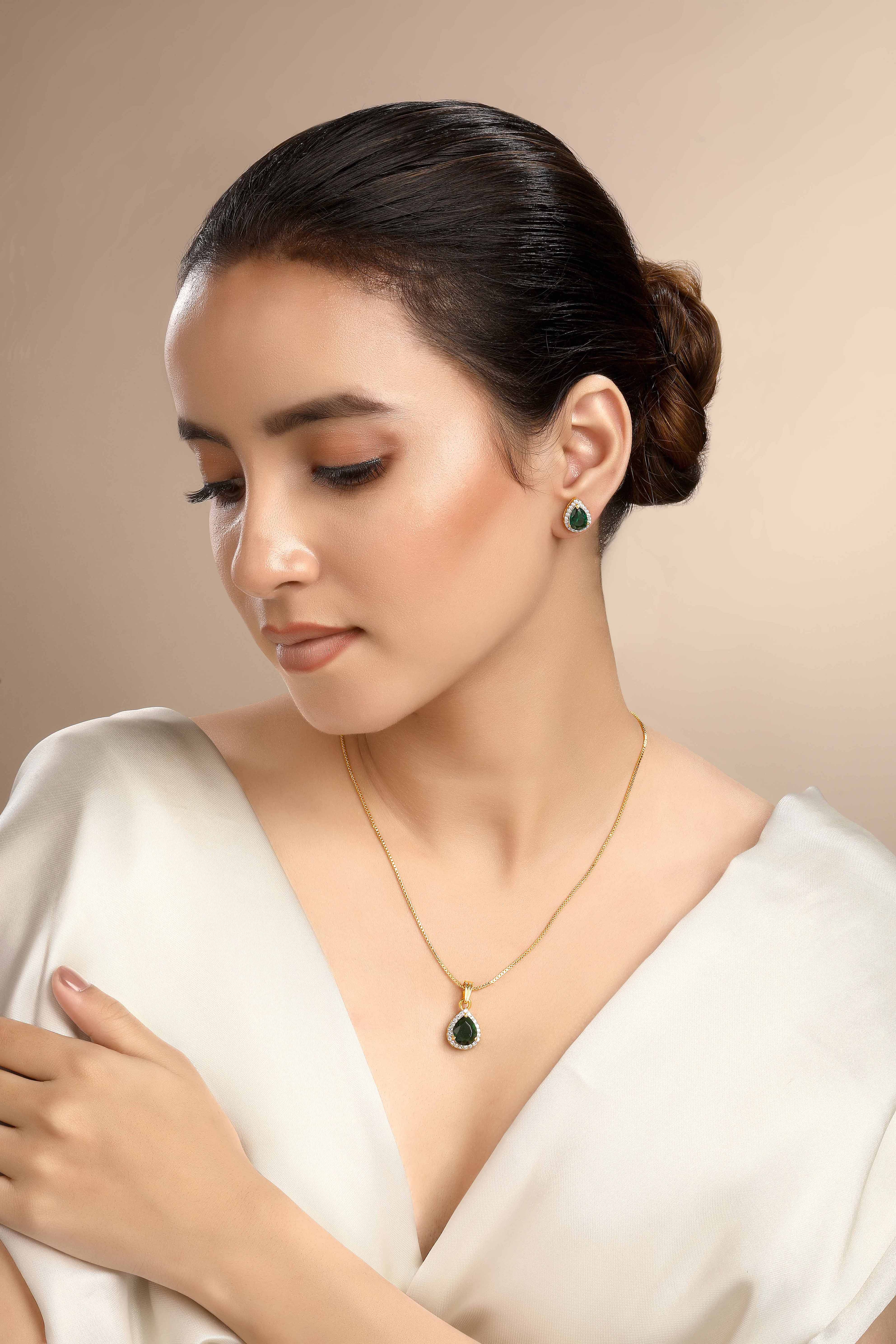 CY Sica Jewellery Cubic Zirconia Faux Emerald Pendant Set Front 2