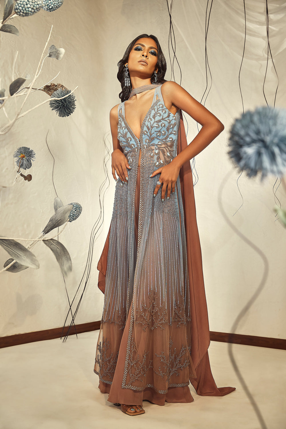 Blue Long Jacket with Flared Pants