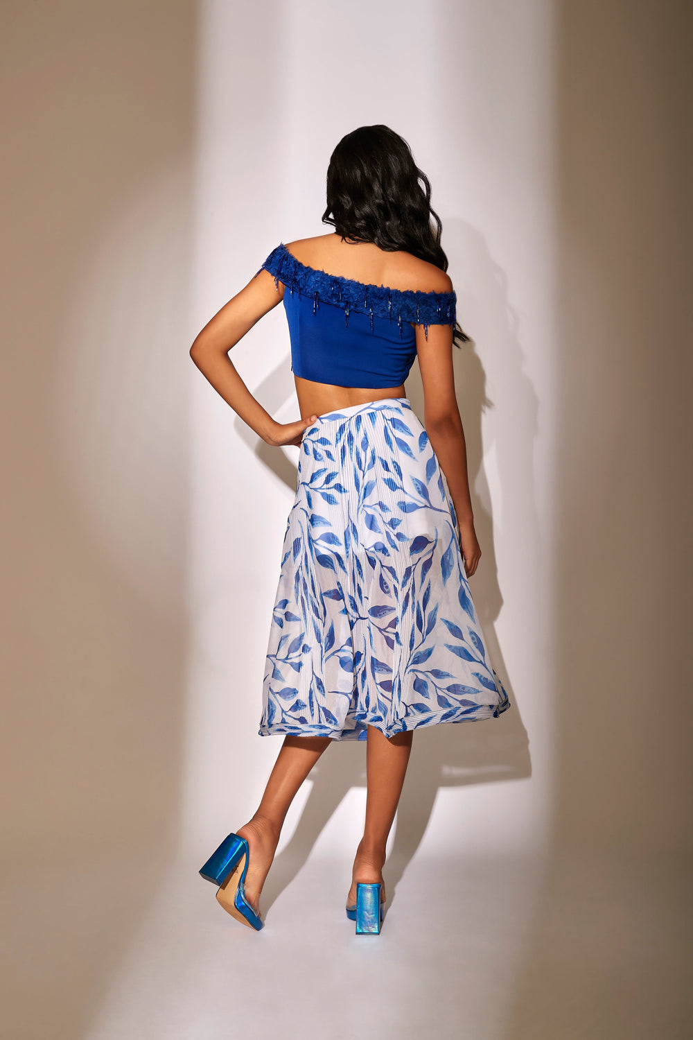 Blue Off Shoulder Top with Flared Skirt