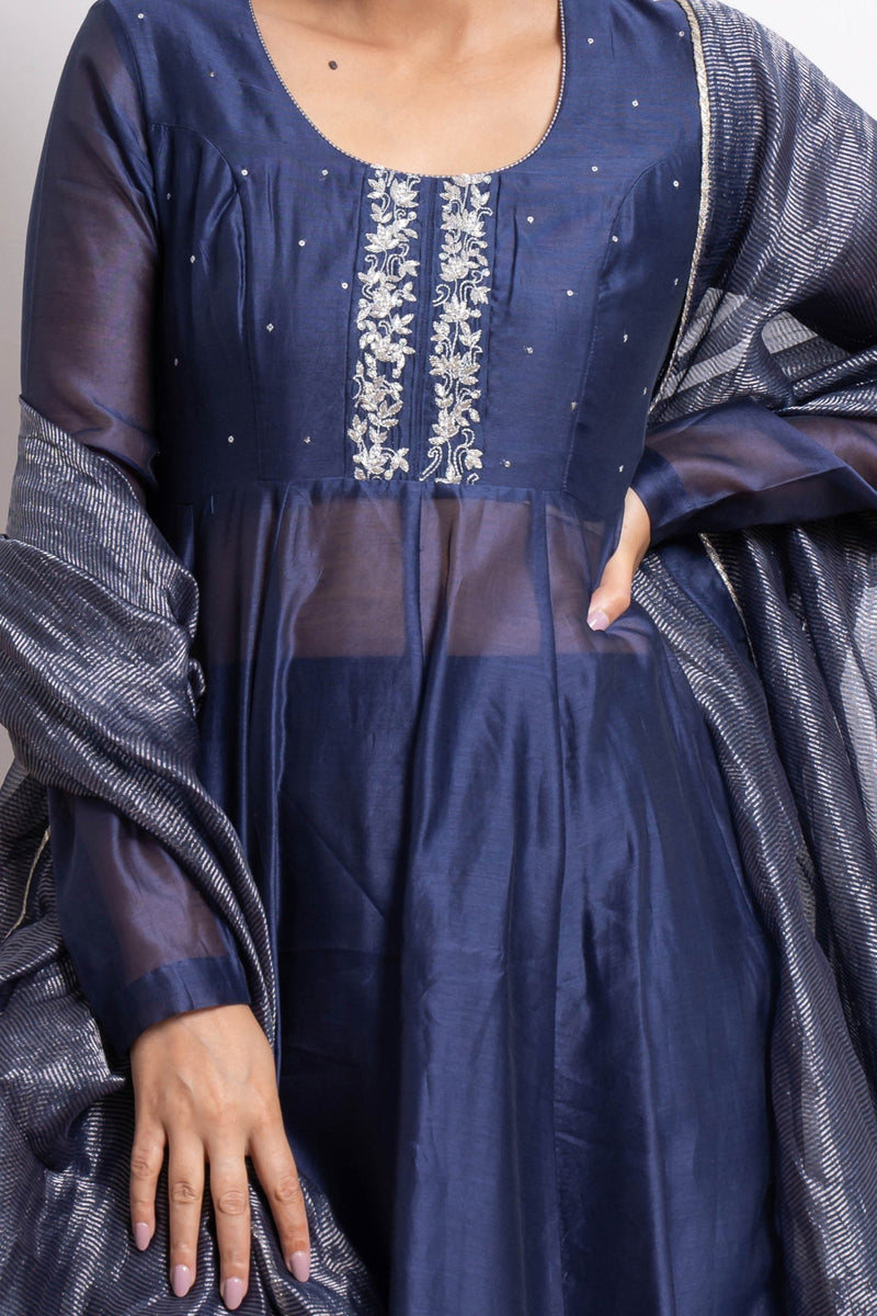 CY Vinusto Embroidered Blue Chanderi Anarkali Set With Churidar Closeup 1