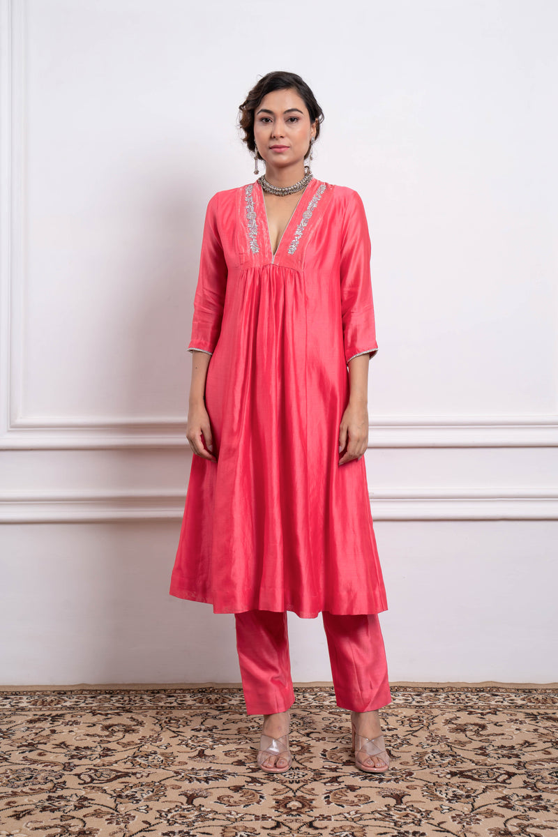 CY Pink Embroidered Chanderi Kurta Set Front 2