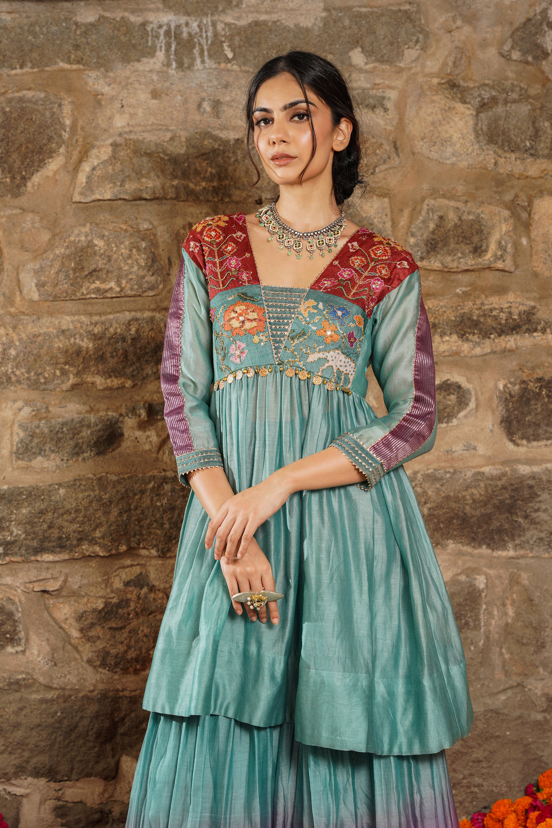 Sehr-Teal Lagoon Embroidered Sharara Set
