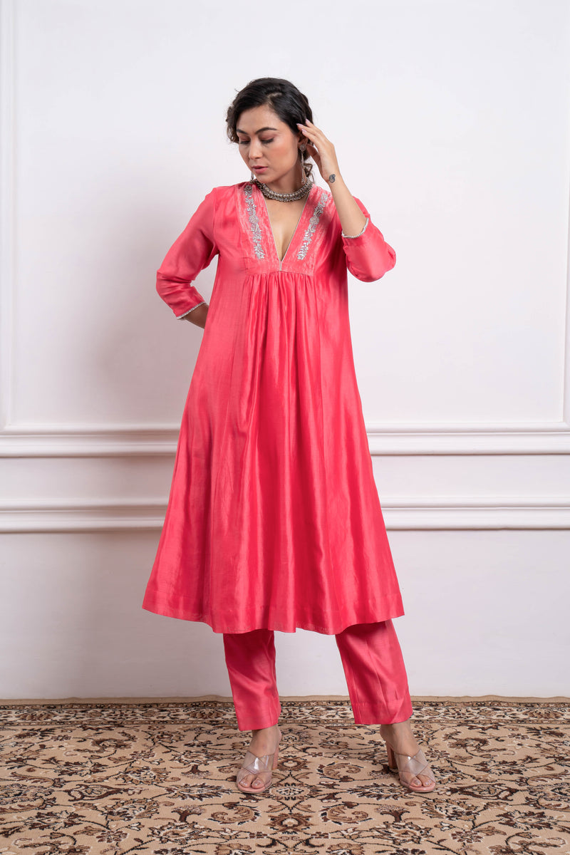 CY Pink Embroidered Chanderi Kurta Set Front 1