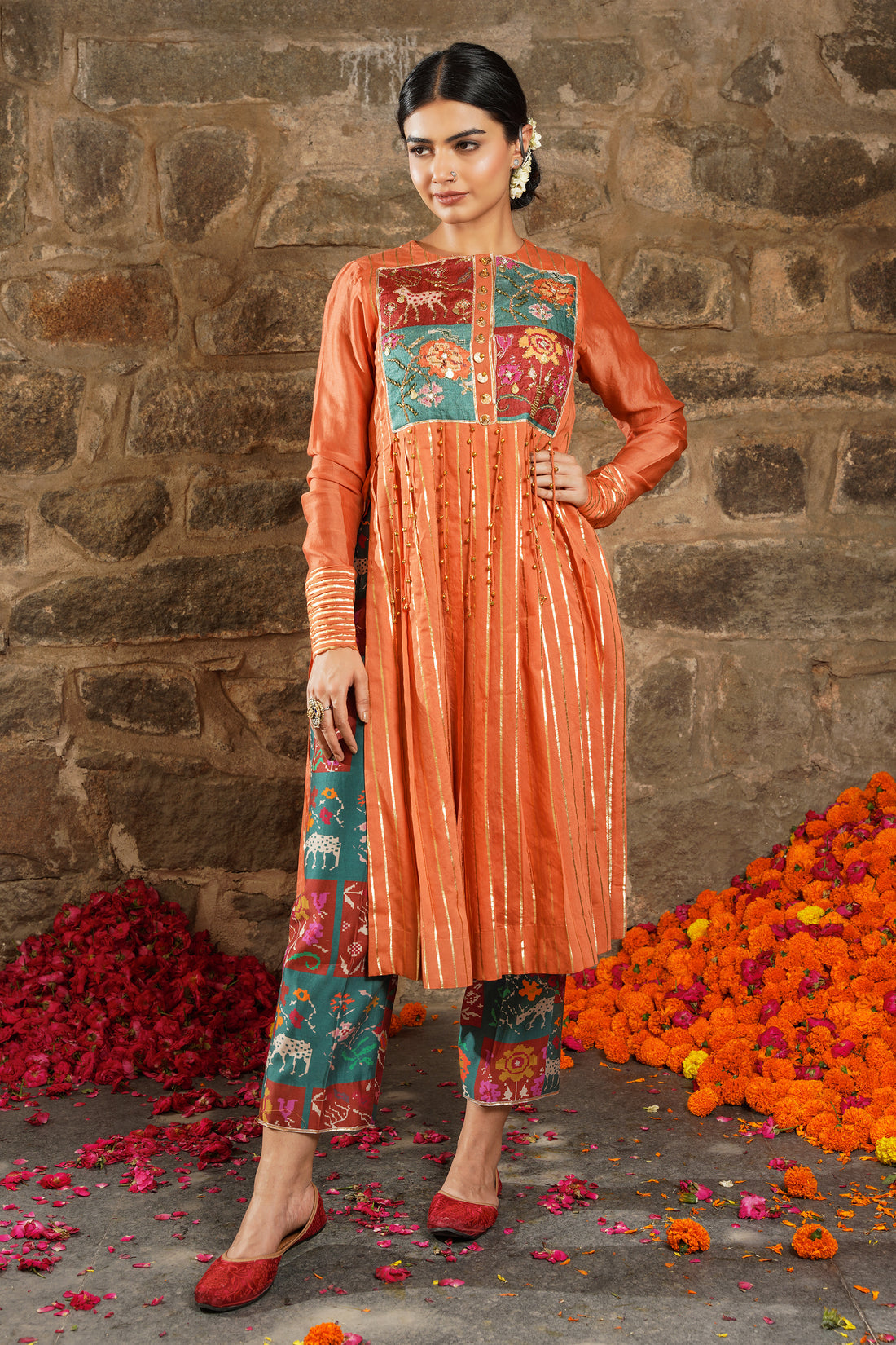 Leiyla-Orange Burst Chanderi Kurti Set