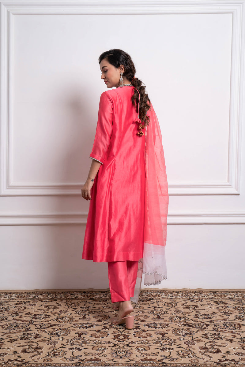 CY Pink Embroidered Chanderi Kurta Set Back 1