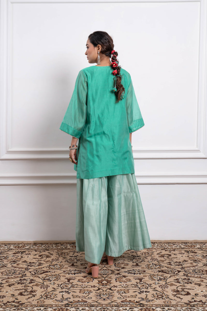 CY Vinusto Aqua Green Short Kurta With Mint Flare Palazzo Back 1