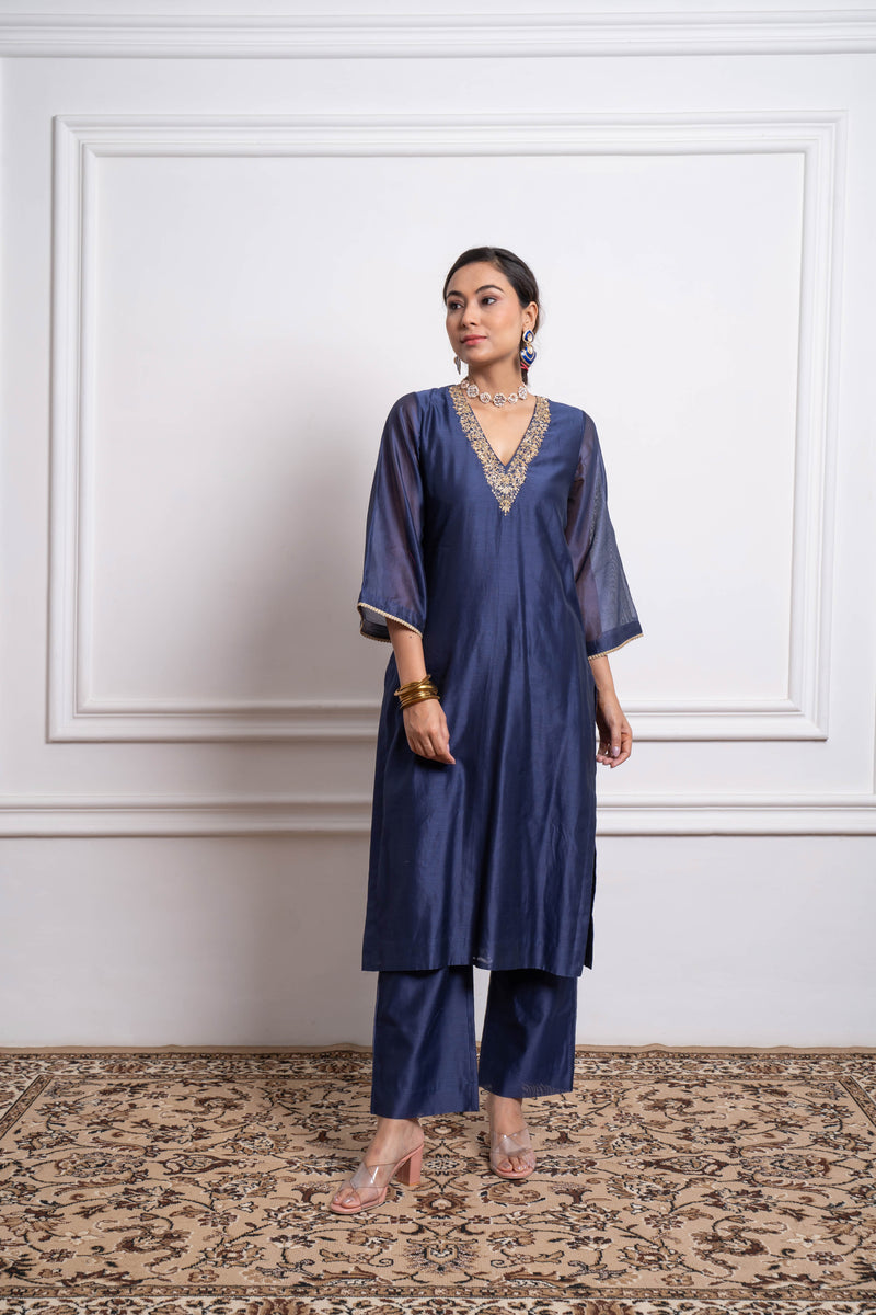 CY Vinusto Embroidered Blue Chanderi Gharara Set Front 1