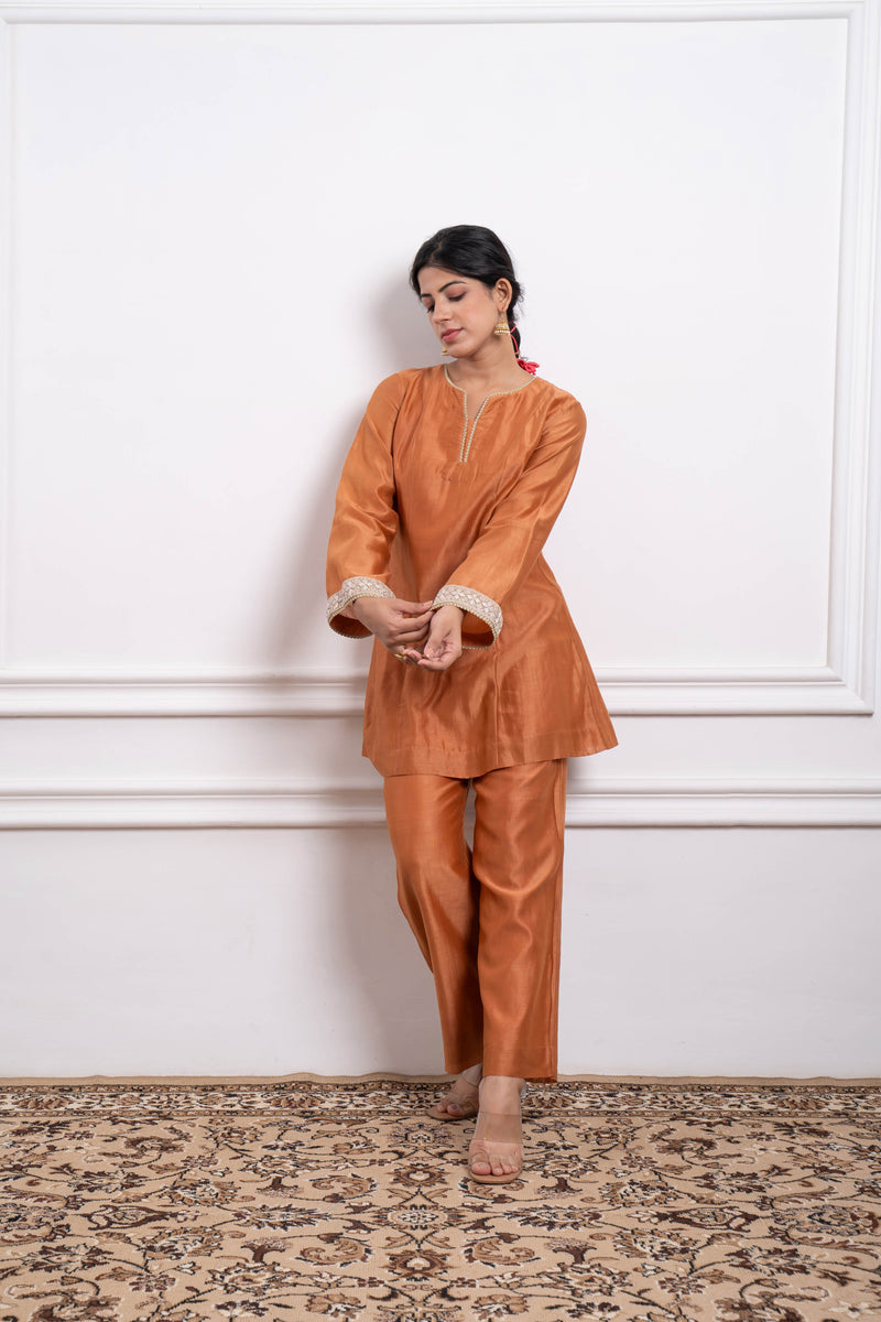 CY Vinusto Saffron Brown Short Kurta Set Front 1