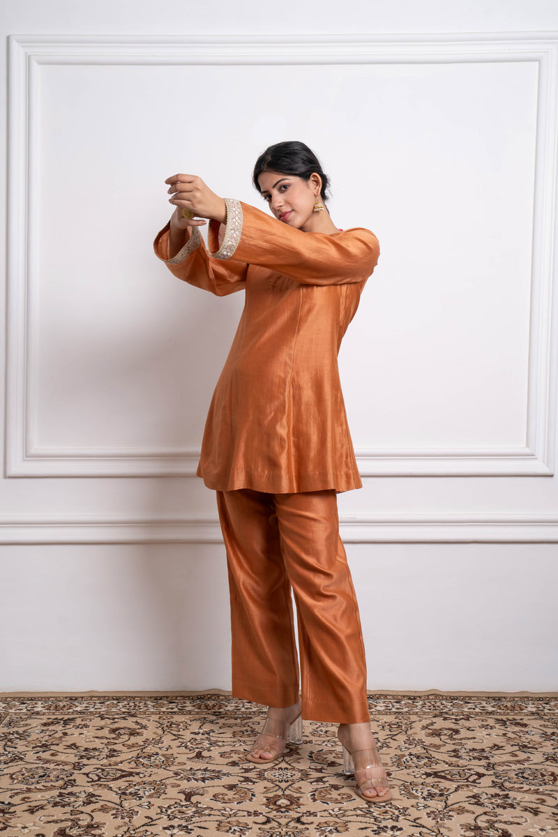 CY Vinusto Saffron Brown Short Kurta Set Front 3