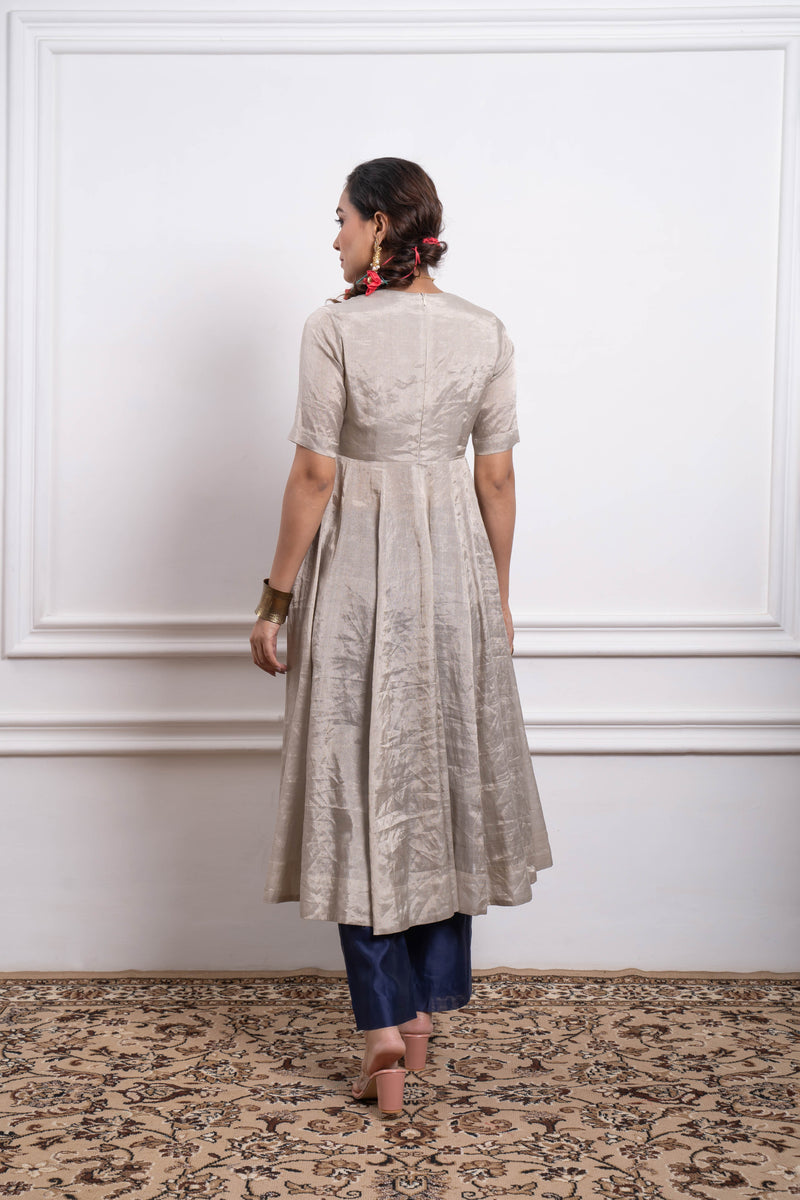CY Vinusto Silver Zari Anarkali Kurta with Blue Chanderi Pants Back 1
